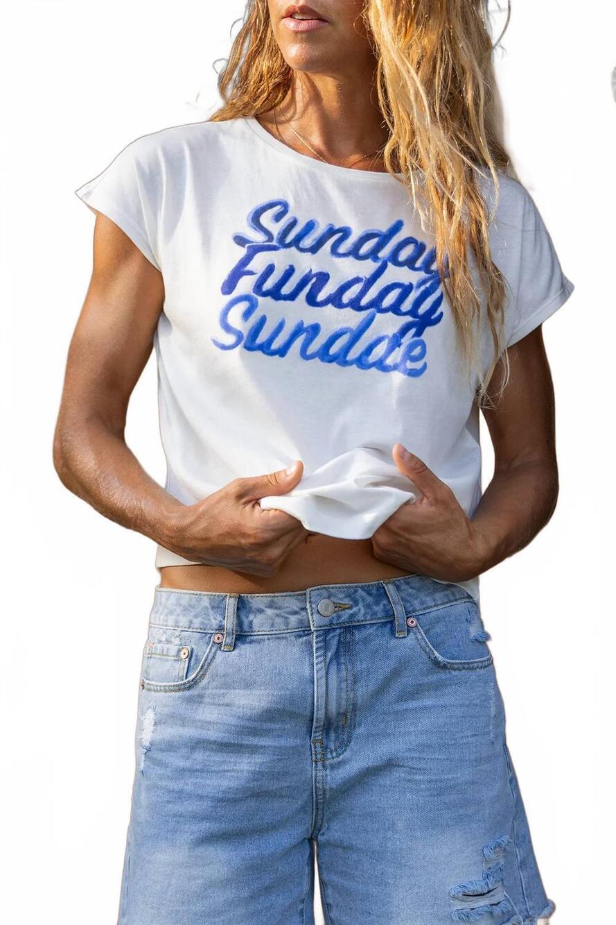 NEW TRIBAL sunday funday crew neck drop shoulder graphic tee in eggshell